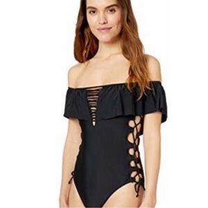 TiniBikini Black Off-Shoulder Green Cut Out One Piece Women’s Medium